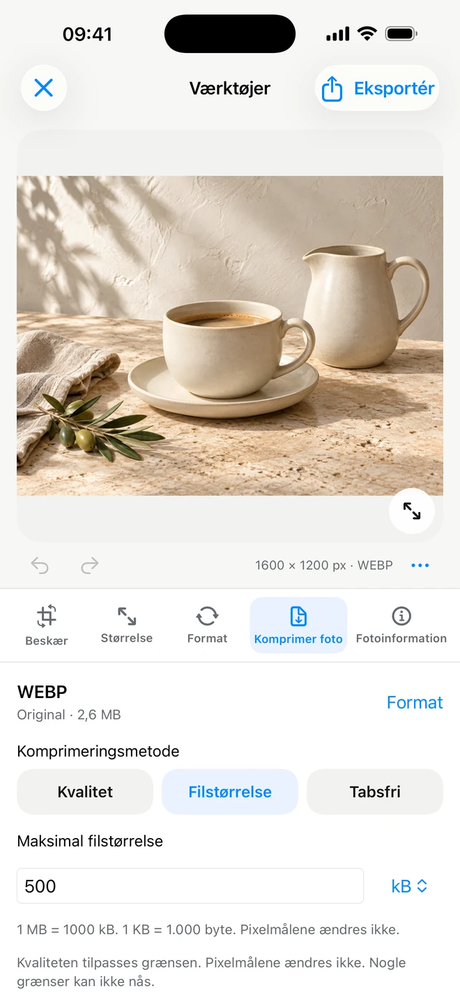 ItemShot på iPhone — Formater og komprimering