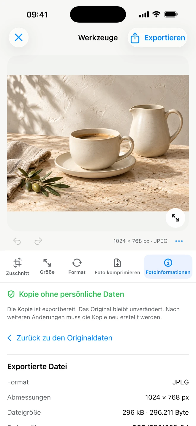 ItemShot auf dem iPhone — Fotodaten