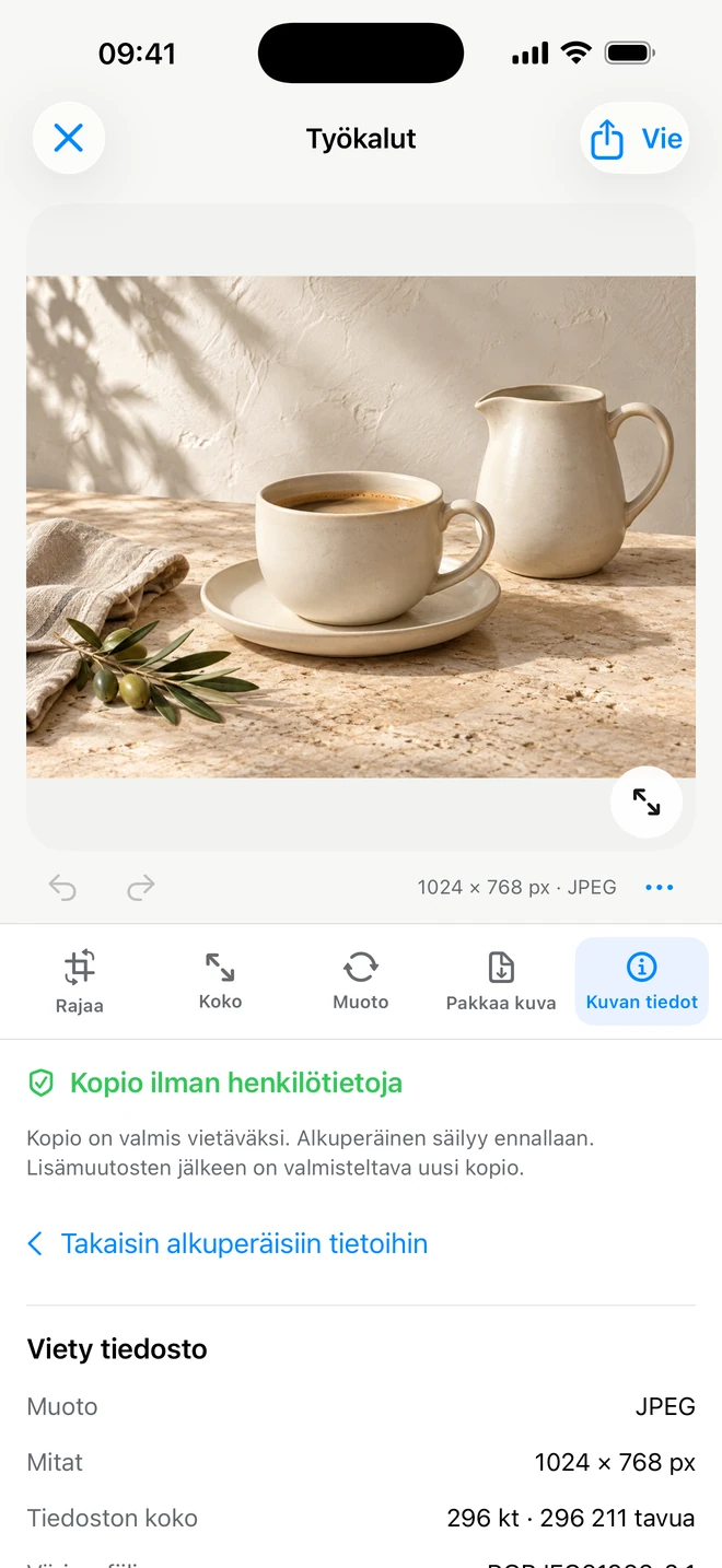 ItemShot iPhonessa — Kuvan tiedot