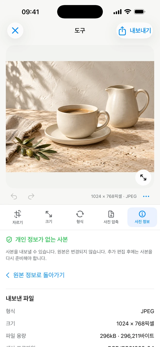 iPhone의 ItemShot — 사진 정보