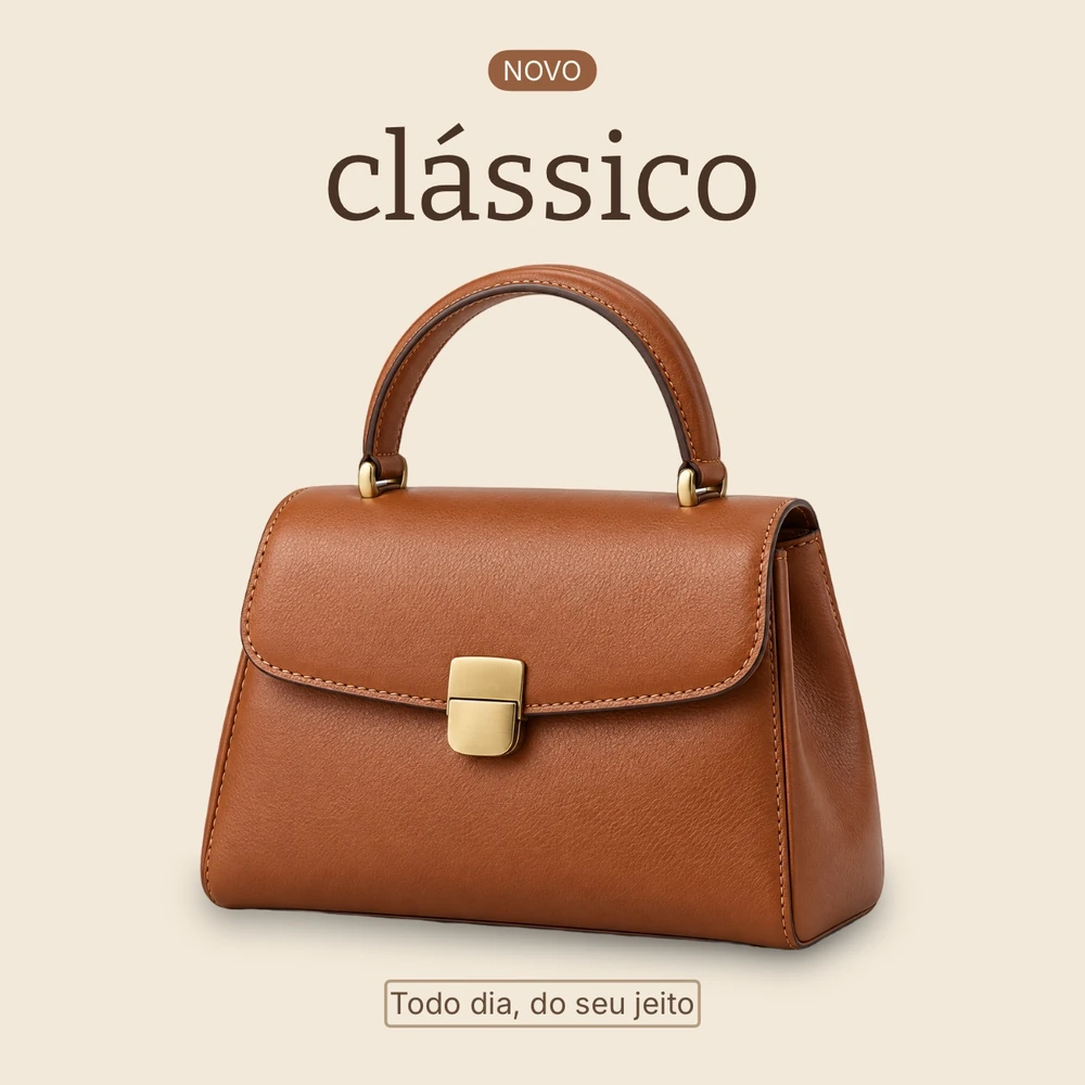 Bolsa marrom com fundo quente, texto e sombra suave, editada no ItemShot